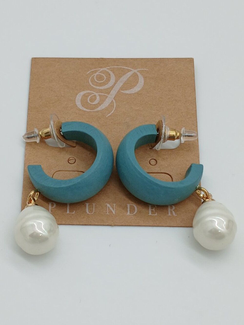 0169 Plunder Althea Wooden Hoops Teal Blue with Pearl Drop